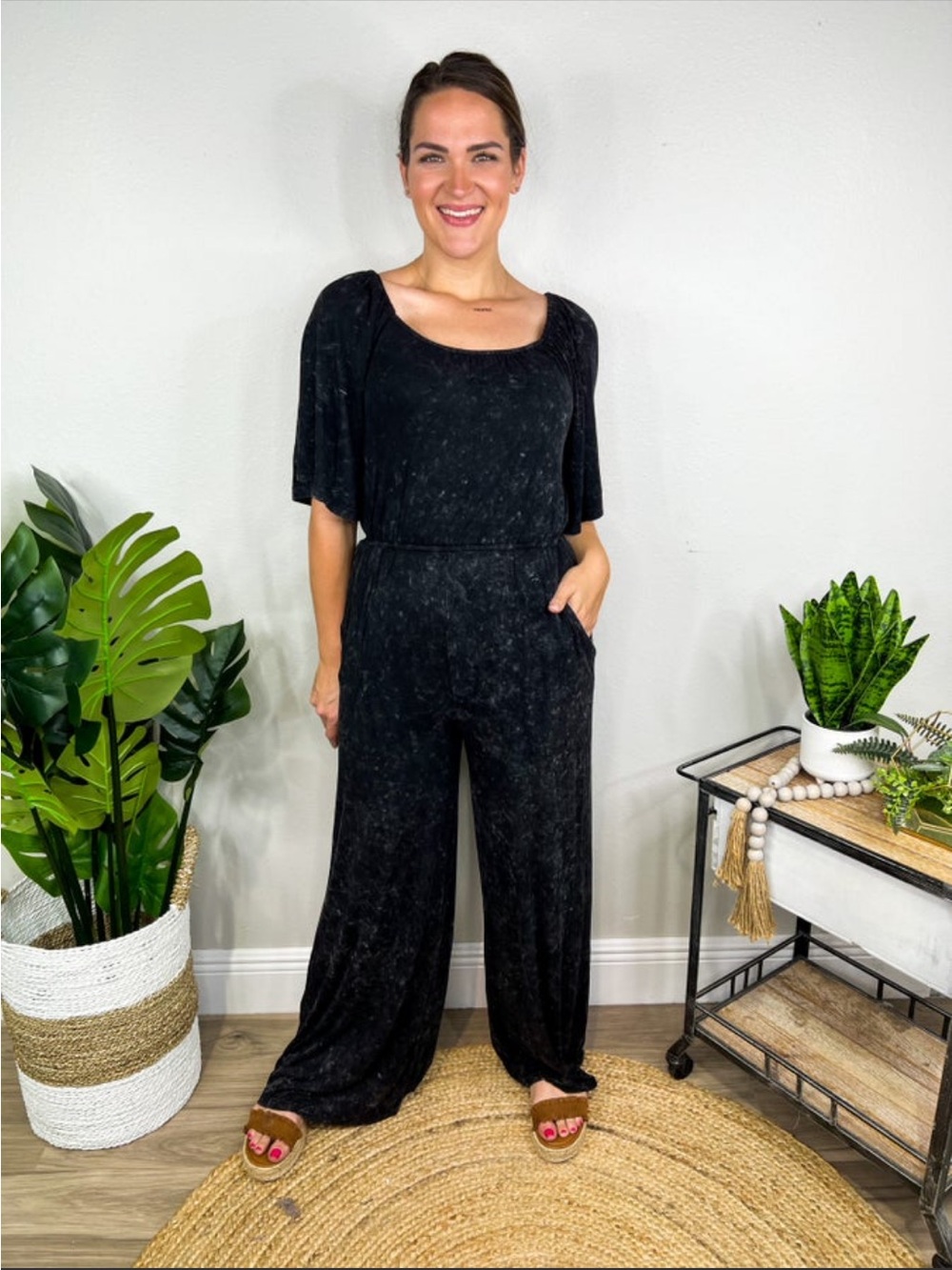 white birch Black Wide-Leg Scoop Neck Jumpsuit Acid wash